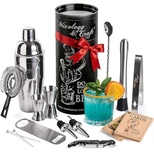 Mixology & Craft 16-Piece Stainless Steel Cocktail Shaker Set, 24 oz Cobbler Martini Shaker, Mixology Bartender Kit with S...