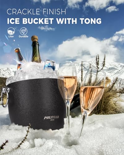 POLIVIAR Ice Bucket, 2.5L Double Wall Ice Bucket with Lid, Stainless Steel Ice Bucket with Tong & Strainer, Ice Bucket for...