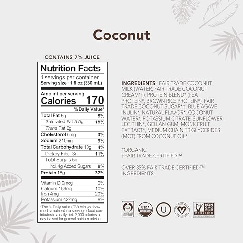 ALOHA Organic Plant-Based Protein Drink – Coconut Flavor | 18g Protein, 5g Sugar, 3g Fiber | Made with Creamy Coconut Mil...