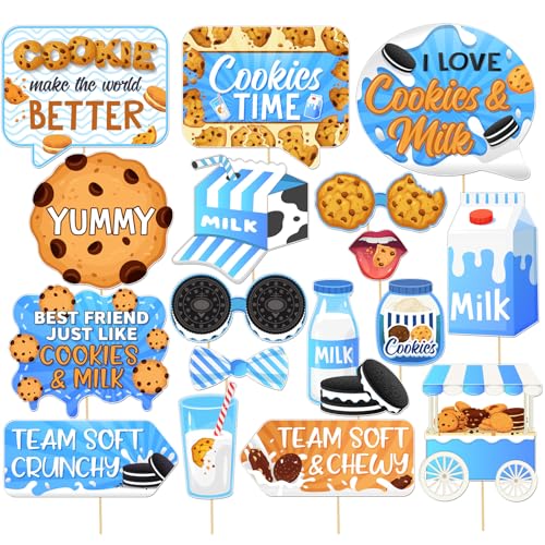 Cookies Milk Photo Booth Props, Sweet Cookie Theme Baby Shower Chocolate Birthday Decoration Tea Party Supplies 17Pcs Blue