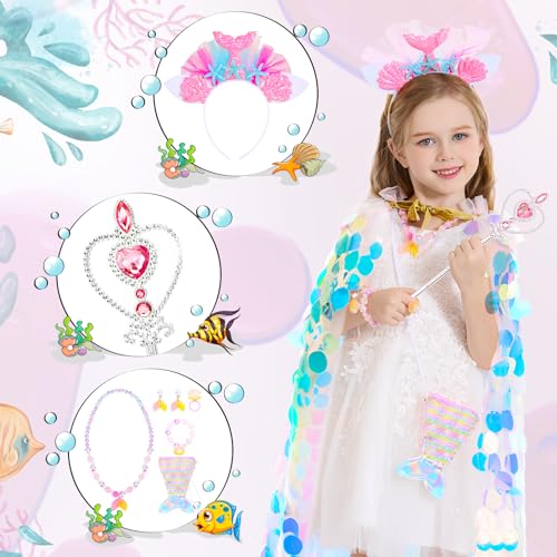 LIMIROLER Princess Dress Up Toys Princess Dress Up Clothes Rainbow Mermaid Cape Kit 9 Pcs Gift Set for Little Girls 3-8 Years