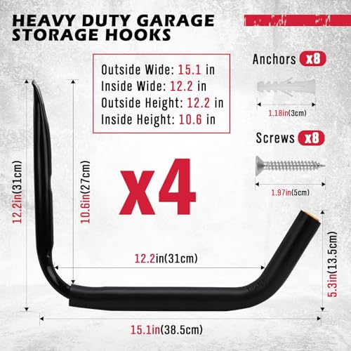 SEDY 4-Piece 15" 100 Lbs Heavy Duty Garage Storage Hooks, Kayak Storage Rack Garage Hooks Jumbo Arm Kayak Wall Mount for H...