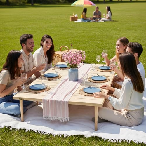 Hahafelt 2 Set Low Picnic Table, Foldable Boho Picnic Table with Extra Large Outdoor Camping Blanket Portable Boho Wood BB...