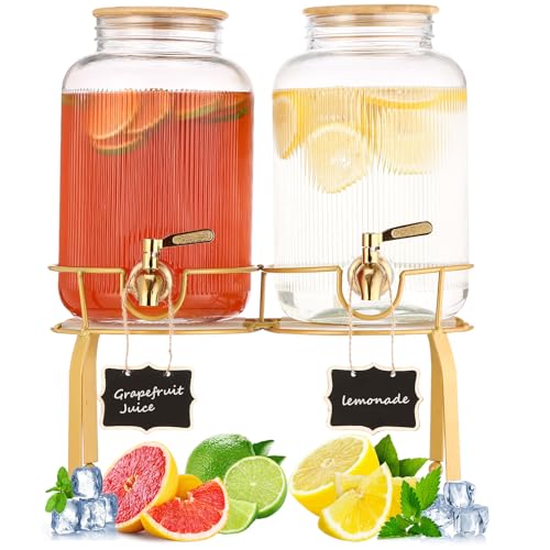 1 Gallon Glass Drink Dispenser with Stand, 2pack Drink Dispensers For Parties, Beverage Dispenser With Bamboo Lid and Stai...