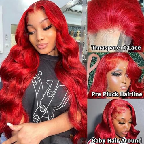 Ice Pear 26 Inch Red Hair Wig Pre Plucked 13x6 Body Wave Wigs Human Hair, 200% Density 13x6 Colored Wigs for Women,Red Glueless Wig Bleached Knots with Baby Hair