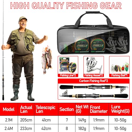 Telescopic Fishing Rod Combo - 2PCS 6.9 7.89FT Collapsible Carbon Fiber Pole Set, Spinning Reel Lures Lines Kits with Carr...