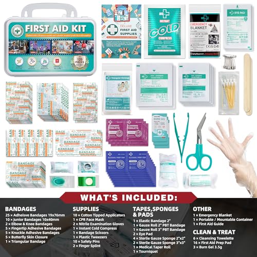 General Medi 120 Pieces Hardcase First Aid Kit - First Aid Box Includes Instant Cold Pack, Emergency Blanket for Travel, H...