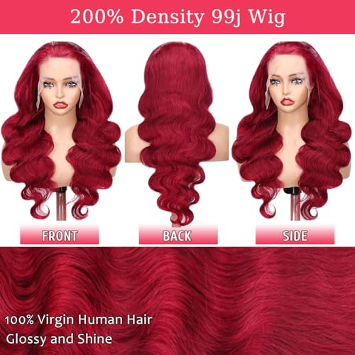 SOSATISFY Body Wave 99J Burgundy Lace Front Wigs Human Hair 200% Density 13x4 Glueless HD Transparent Wine Red Wigs for Women Human Hair Pre Plucked with Baby Hair (20 inch)