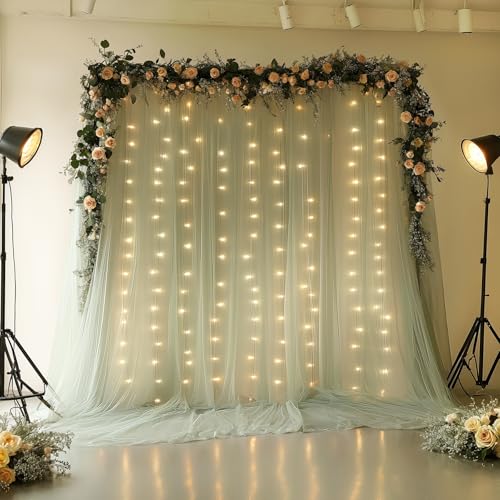 10x10FT Green Wrinkle Free Backdrop Curtains with Lights String for Parties - Photo Curtain Backdrop with Lights for Weddi...