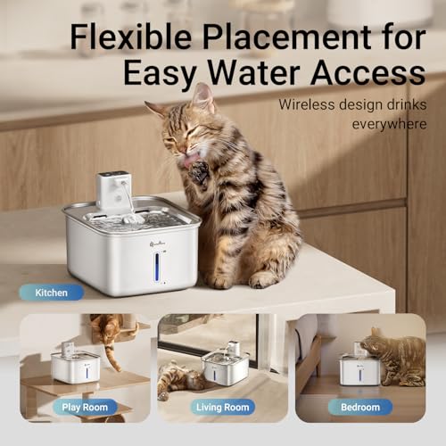 DownyPaws Cat Water Fountain Stainless Steel Wireless, 101 oz/3L FurSink Cordless Water Fountain for Cats, Battery Operate...