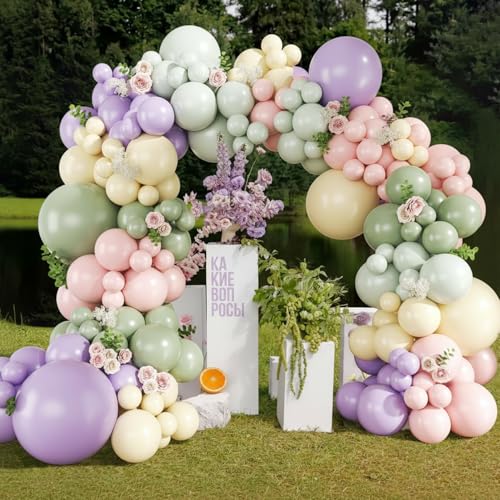 Purple Green Pink Yellow Balloons, 60Pcs 12 Inch Pastel Balloons Include Sage green Pastel Purple Pink Yellow Light Green ...