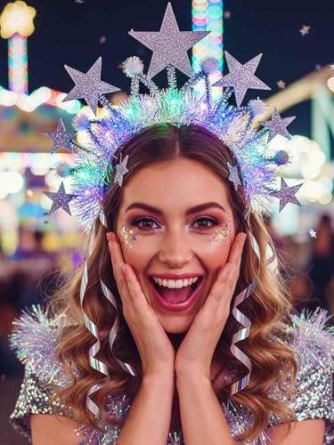 Yokawe Light Up LED Star Headband Silver Crown with Iridescent Tinsel,White Pom Pom, New Year, Christmas Party Costume Acc...