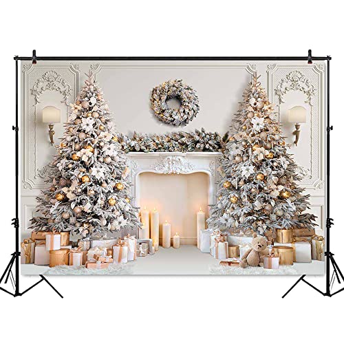 Mocsicka Classic Christmas Interior Room Photography Backdrop White Christmas Fireplace Photo Background Decorated Xmas Tr...