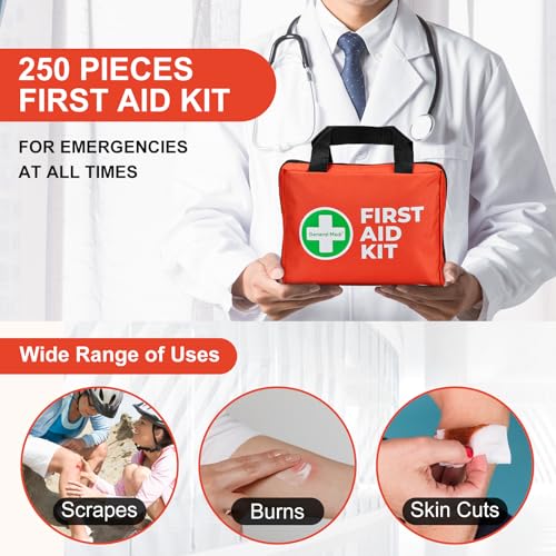 General Medi First Aid Kit, 250 Piece Small First Aid Kit - Includes Emergency Foil Blanket, Instant Cold Pack,Scissors fo...