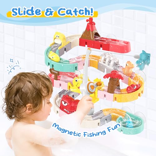 Dinosaur Bath Toys with Track & Fishing Rod – 47PCS Wall Suction Slide Playset for Toddlers, DIY Water Race Track with 6 D...
