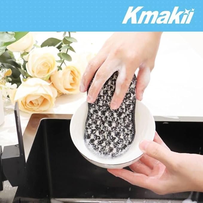 KMAKII Bamboo Fiber Scrub Sponges, Non-Scratch & Durable,6.3 × 3.1 inches, Black, 4-Pack