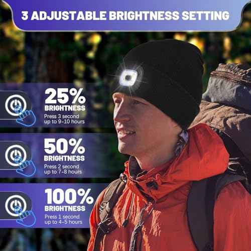Keains Unisex Beanie with The Light £¬Rechargeable LED Headlamp Cap£¬ Warm Knit Hats for Winter Safety Gifts for Men Women Dad