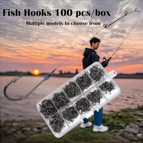 300 PCS Fishing Hooks with Holes, 10 Sizes (3# to 12#) Carbon Steel Sharp Fish Hooks for Freshwater Saltwater Fishing, Ass...