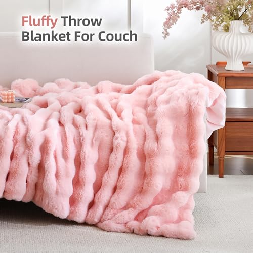 Smoofy Faux Fur Throw Blanket for Couch – Blush Pink Fluffy Cozy Rabbit Fleece, Plush Soft Bubble Blanket for Sofa & Bed, ...