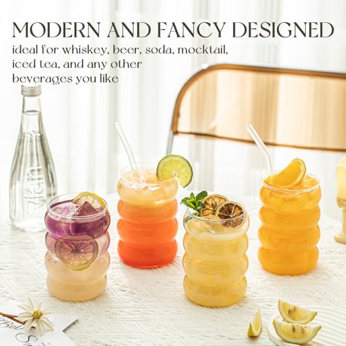 KEMORELA 2PCS Wave Bubble Beverage Glasses With Straws, 16 Oz Vintage Glass Cups, Aesthetic Iced Coffee Glasses, Ripple Gl...
