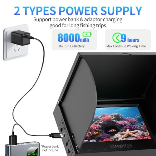 5" Underwater Fishing Camera, 1080P Upgraded HD Lens Ice Fishing Camera with 12pcs IR Lights, 8000mAh Li-Battery, IP68 Wat...