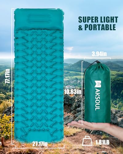 AKSOUL Camping Sleeping Pad with Pillow: Extra Thick 3.9 inch Ultralight Self Inflating Air Mat, Compact Lightweight Insul...