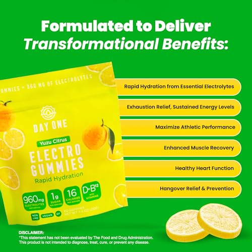 Day One Electrogummies - 60pcs. of Yuzu Citrus Flavored Electrolyte Gummies for Hydration and Recovery - Packed with Essen...
