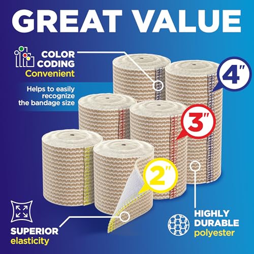High-Performance Elastic Bandage Wrap - 6 Pack (2x2in, 2x3in, 2x4in) - Self-Closing Strong Compression Bandage Wrap for Fe...