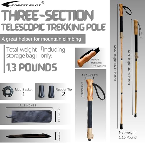FOREST PILOT Trekking Poles- 1-pc Pack - Adjustable Hiking or Walking Stick –Strong, Natural Beech Wood - Quick Adjust Fli...