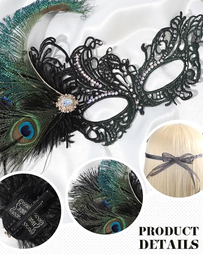 Zinniday Feather Masquerade Mask for Women - Halloween Lace Eyemask with Removable Peacock Feathers, Venetian Party Masks