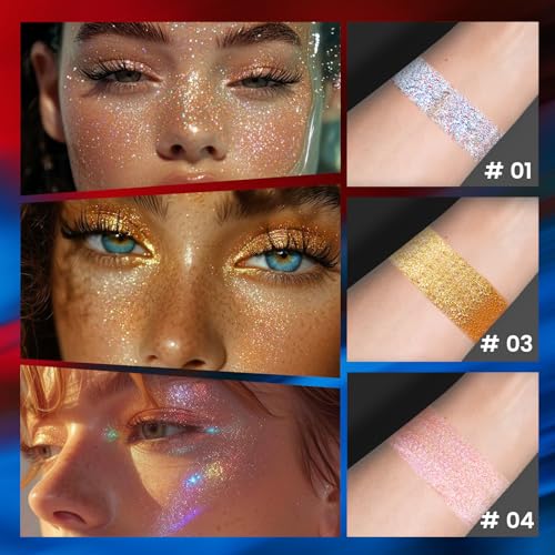 HOSAILY Holographic Red White and Blue Face Glitter Gel, 4th of July Accessories for Women Kids, Long Lasting Waterproof S...