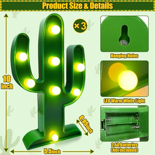 Extra Large - 3 Pack LED Cactus Light Cinco de Mayo Decorations 10 x 5.5 Inch Cactus Decor Mexican Fiesta Party Decoration...