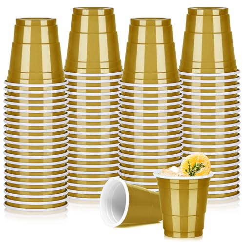 Pineburg 100Pack 2oz Mardi Gras Disposable Shot Glasses, Gold Plastic Shot Glasses, Mini Disposable Cups for Parties Valen...
