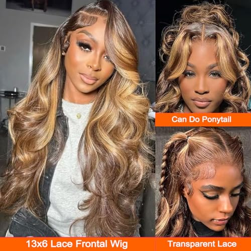13x6 Honey Blonde Highlight Wig Human Hair Ombre Lace Front Wig P4/27 Body Wave Highlight Lace Front Wig Glueless Pre Plucked Bleached Knots Hd Lace Frontal Wigs Colored 26 Inch 180% Density