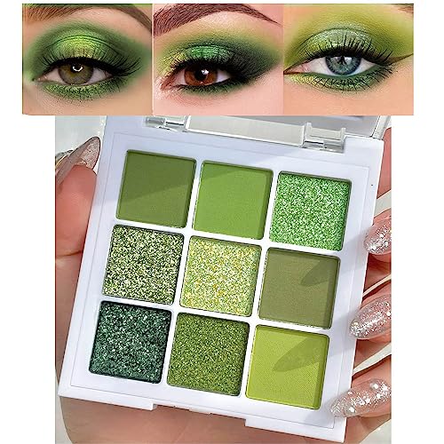 evpct 9 Colors Green Glitter Eyeshadow Palette, Light Dark Emerald Avocado Neon Green Glitter Metallic Shimmer Sparkly Eye...