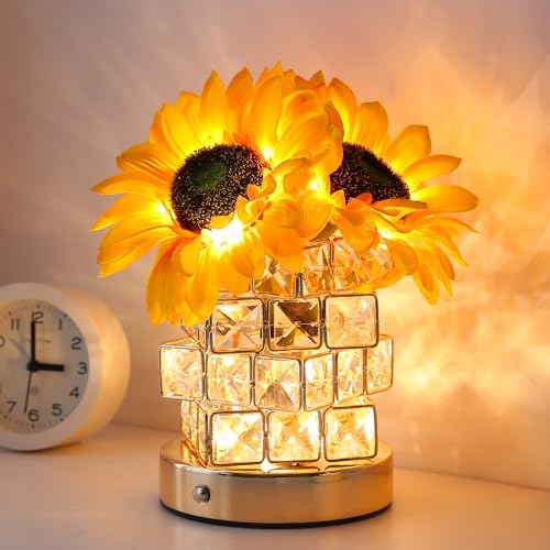 AMWGIMI Sunflowers Flower Lamp,Rechargeable Cordless Touch Table Lamp,3-Colour Infinitely Dimming Small Night Light,Festiv...