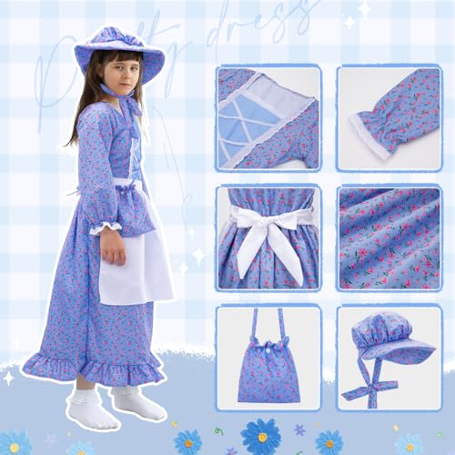 Meland Pioneer Dress for Girls - Colonial Floral Costume with Bonnet, Apron & Purse, Pionner Outfit for Girls 3-10 Years