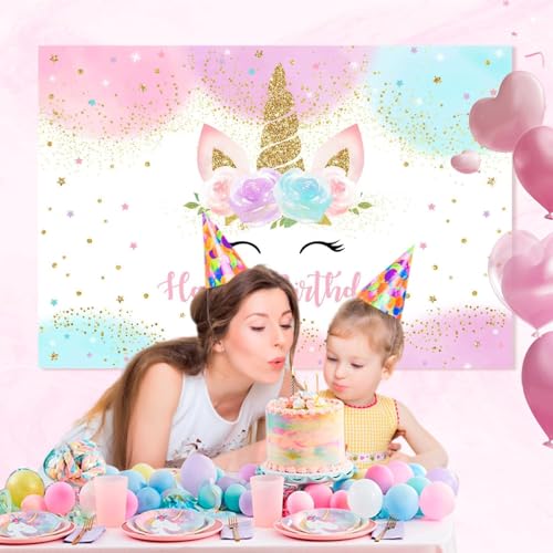 Mocsicka Unicorn Birthday Decorations Backdrop for Girls Party 6x4ft Pastel Rainbow Glitter Stars Dots Happy Birthday Bann...