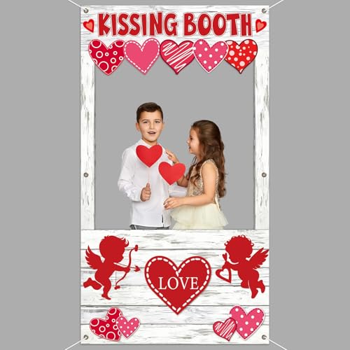 Valentine's Day Party Decorations Kissing Booth Theme Photo Booth Props Cupid Love Heart Banner Valentine Picture Frame fo...