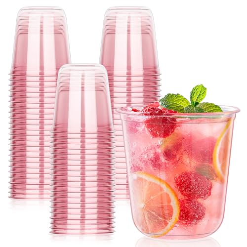 KesaPlan 50 Pcs Pink Plastic Cups, 12oz Disposable Stemless Wine Glasses for Cocktail Cute Clear Cocktail Wine Glasses Pin...