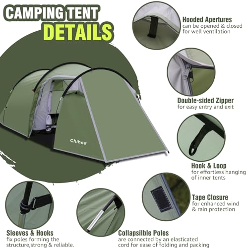 Chihee Camping Tents Tunnel Tent 4 Person Family Tents with 2 Doors Extra Large Weatherproof Shelter 4 Seasons Tents with ...