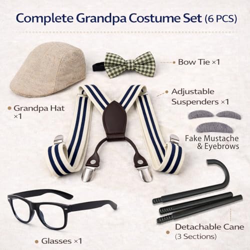 Tangrove Old Man Costume for 100 Days of School - 6PCS Set Include Beret Hat, Beard & Eyebrows,Suspenders, Bow Tie, Glasses