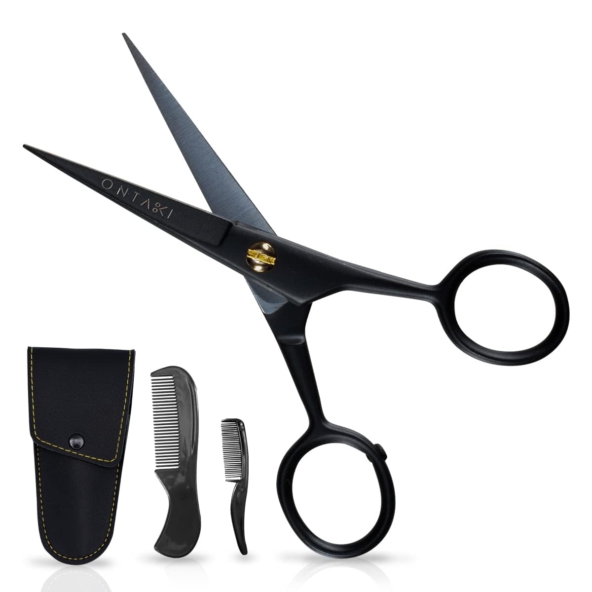Ontaki 5 Professional German Beard & Mustache Scissors with 2 Comb & Carrying Pouch for Men - Bevel Edge for Precision - Facial