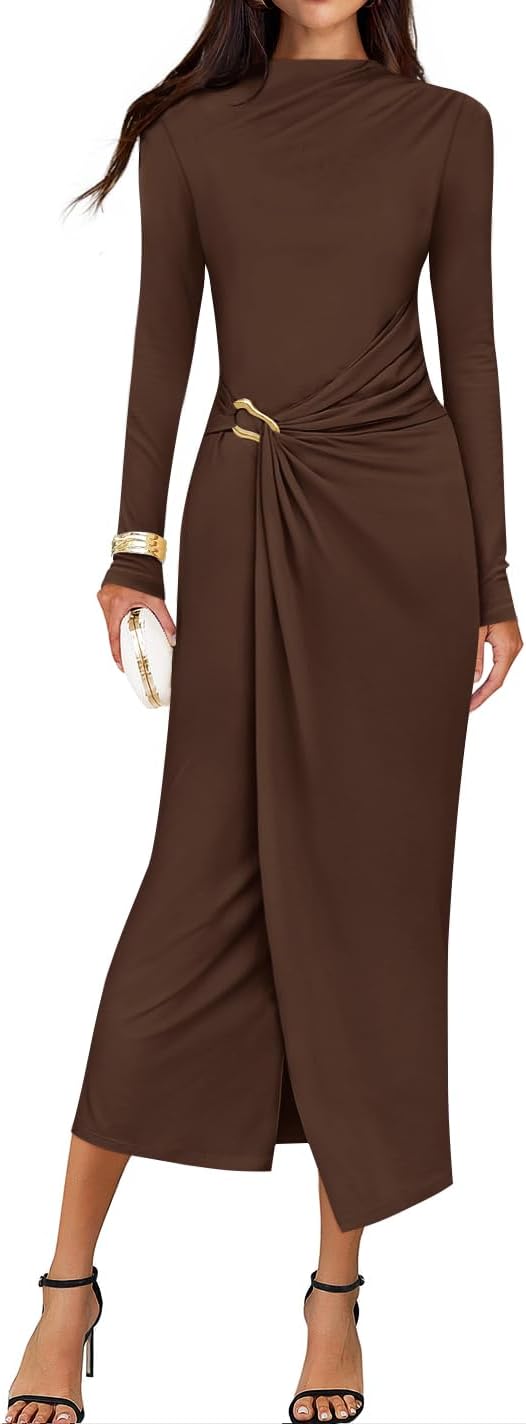 ZESICA Women's 2026 Spring Long Sleeve Bodycon Dress Mock Neck Wedding Guest Cocktail Party Long Midi Dresses