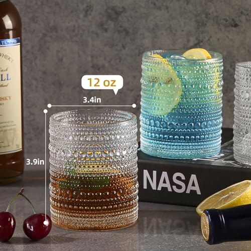 Amyoole 12oz Hobnail Drinking Glasses Set of 6,Clear Vintage Glassware Embossed Water Tumbler,Cocktail Glass Cups for Bee...