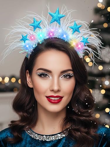 Woeoe Ligth Up Stars Headband Led Glowing Hair Bands Party Rave Costume Feather Hair Accessories for Women