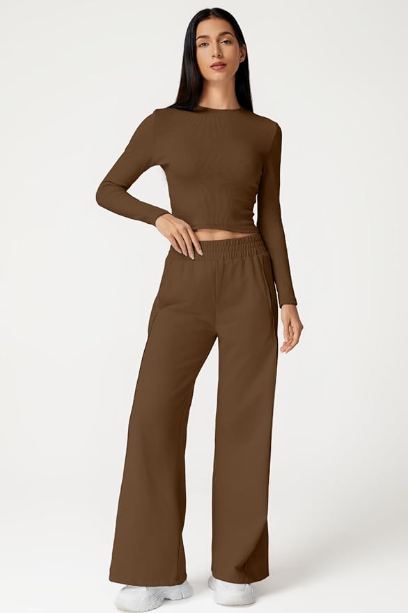 QINSEN Womens 2 Piece Sets Long Sleeve Slim Fit Crop Tops Wide Leg Pants Matching Lounge Set