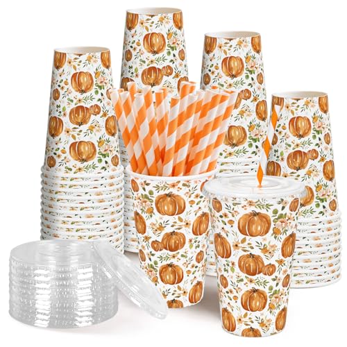 FYSUIMU 50 Set Fall Thanksgiving Disposable Coffee Cup with Lids and Straws 16Oz Rustic Watercolor Pumpkin Floral Paper Dr...