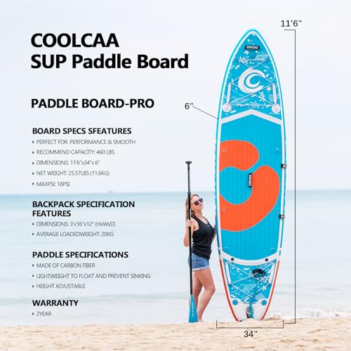COOLCAA 11'6" x 34" x 6" Inflatable Stand Up Paddle Boards with Premium SUP Accessories, Weight Capacity up to 460 lbs, In...