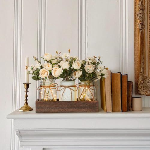 DUOER 3 Pcs Mason Jar Centerpiece Table Decorations for Dining Table Decor Farmhouse Coffee Table Decor with Wood Tray and...